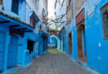 Blue-painted streets and buildings in the medina of Chefchaouen, Morocco