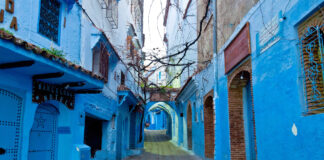 Blue-painted streets and buildings in the medina of Chefchaouen, Morocco