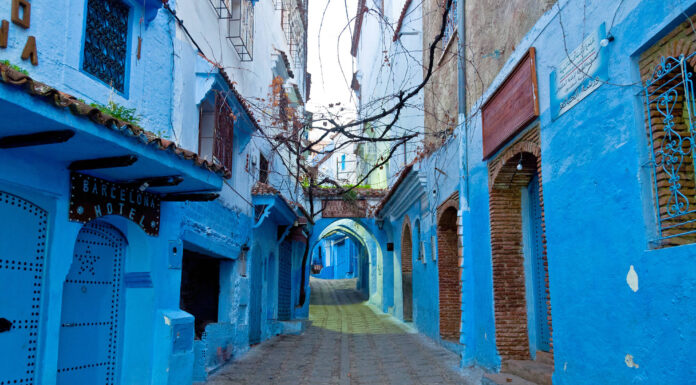Blue-painted streets and buildings in the medina of Chefchaouen, Morocco