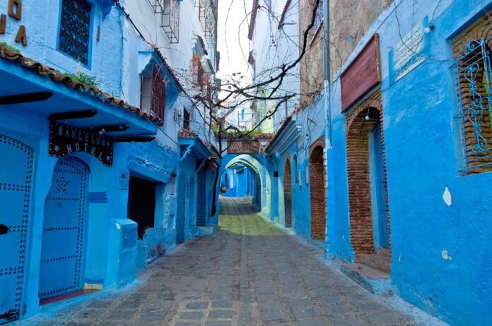 Blue-painted streets and buildings in the medina of Chefchaouen, Morocco