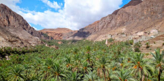 Scenic view of a small traditional town in Morocco surrounded by natural landscape